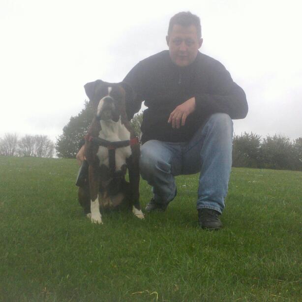 rob and his rescue Boxer dog Bubbles